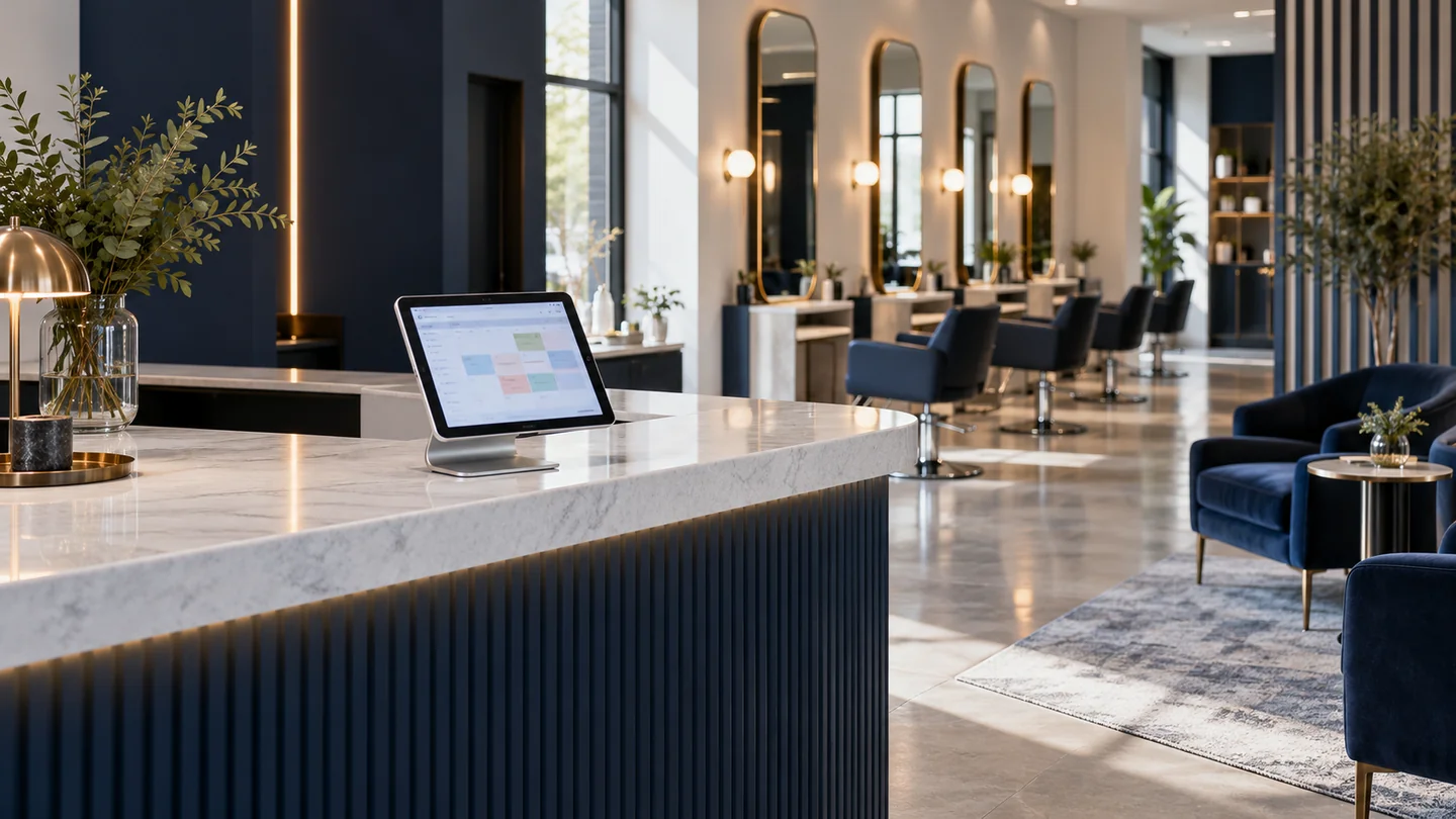 Illustrative salon reception with a booking tablet